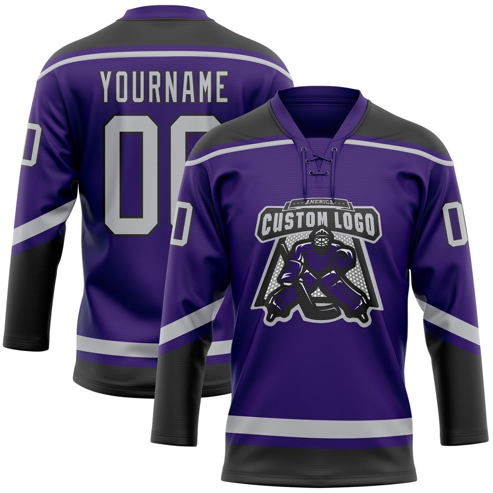 Custom Purple Gray Black Hockey Lace Neck Jersey, New Hockey Jersey, Personali Sport Team Jersey Shirt