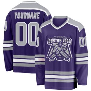Custom Purple Gray White Hockey Jersey, New&hellip;