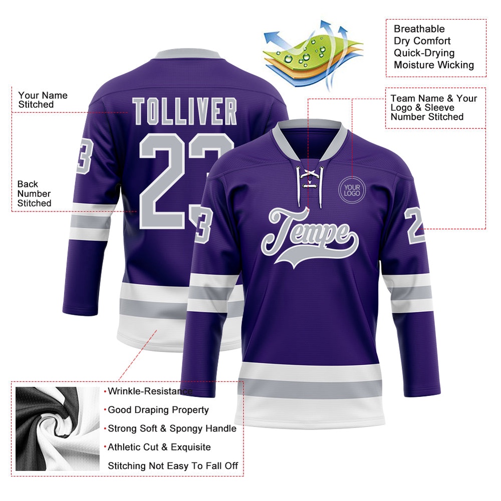 Custom Purple Gray White Hockey Lace Neck Jersey, New Hockey Jersey, Personali Sport Team Jersey Shirt