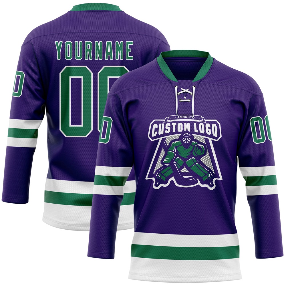 Custom Purple Kelly Green White Hockey Lace Neck Jersey, New Hockey Jersey, Personali Sport Team Jersey Shirt