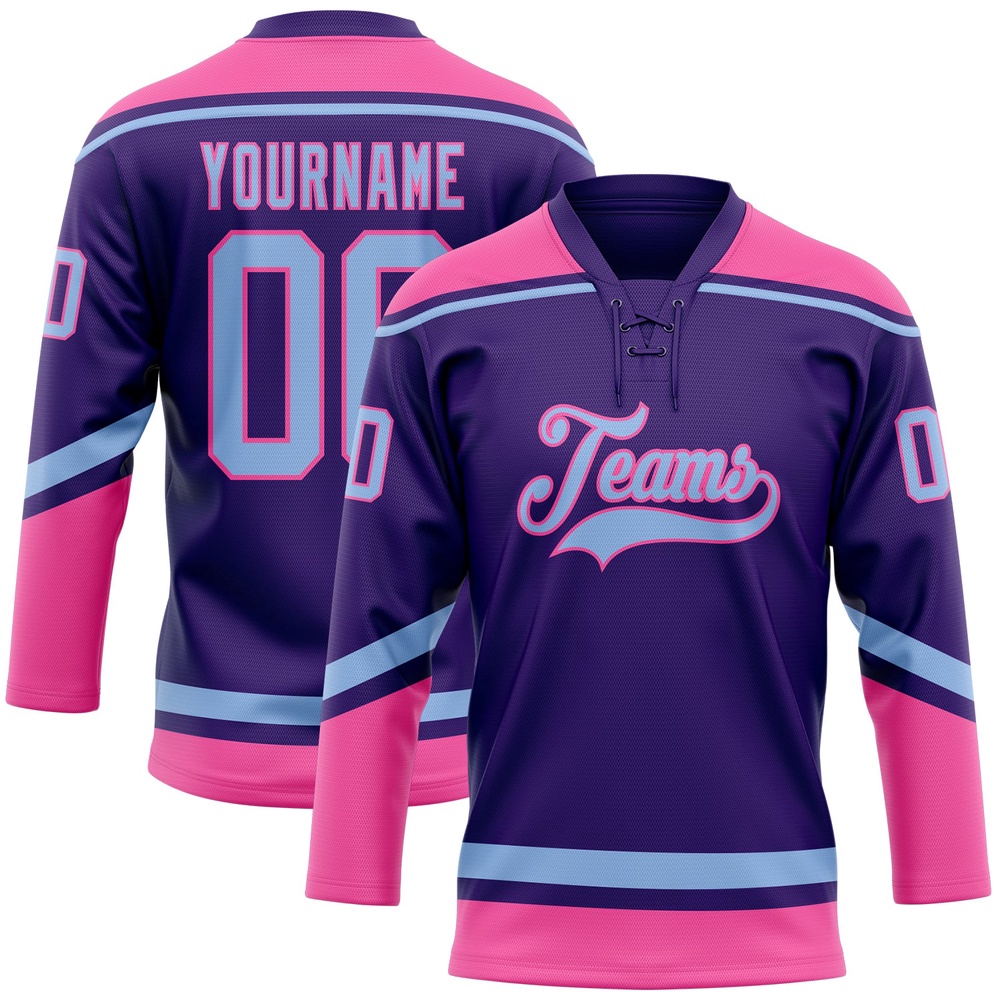 Custom Purple Light Blue Pink Hockey Lace Neck Jersey, New Hockey Jersey, Personali Sport Team Jersey Shirt