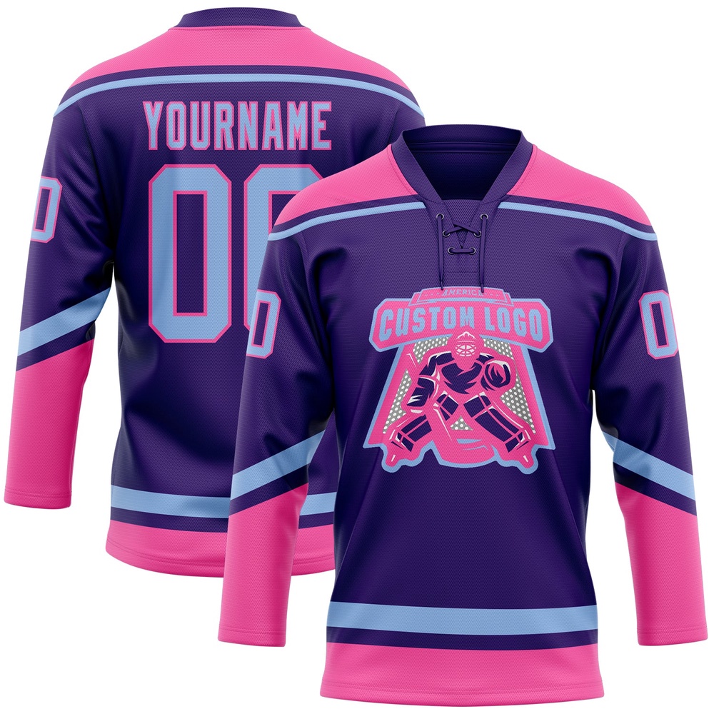 Custom Purple Light Blue Pink Hockey Lace Neck Jersey, New Hockey Jersey, Personali Sport Team Jersey Shirt