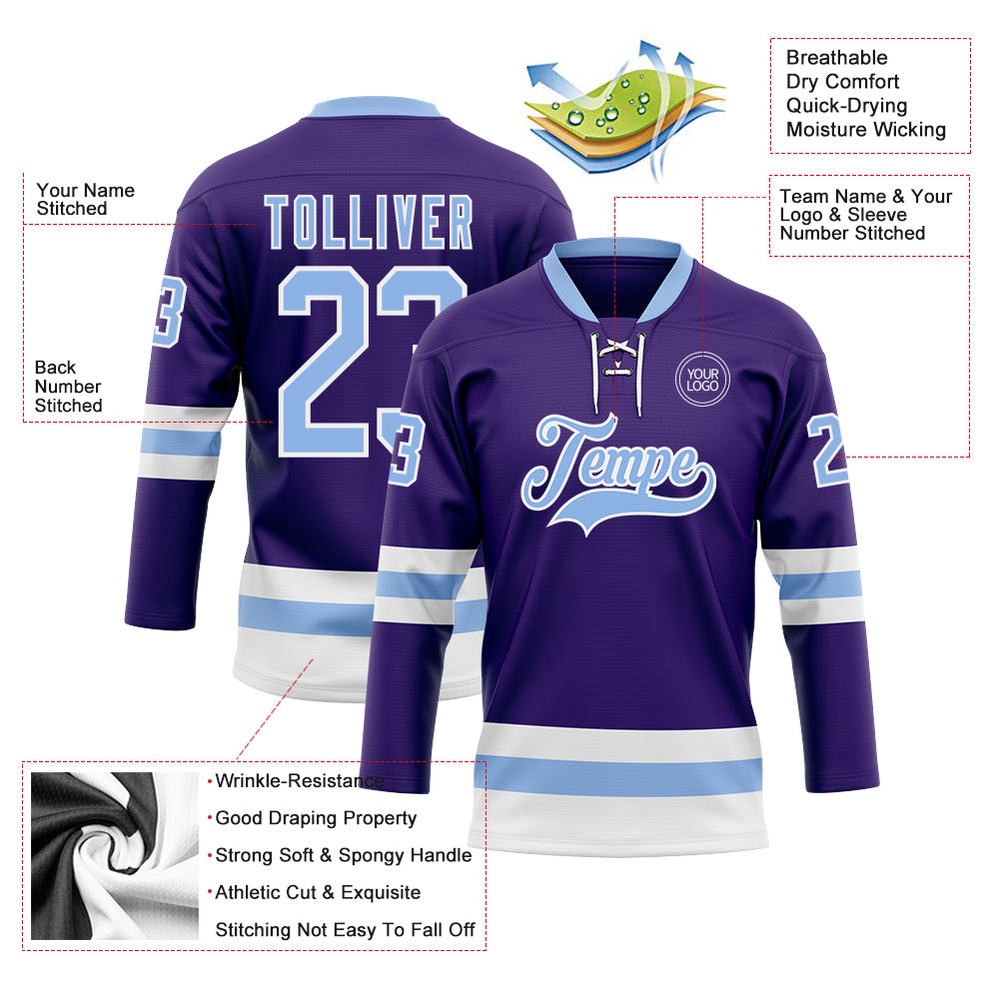 Custom Purple Light Blue White Hockey Lace Neck Jersey, New Hockey Jersey, Personali Sport Team Jersey Shirt