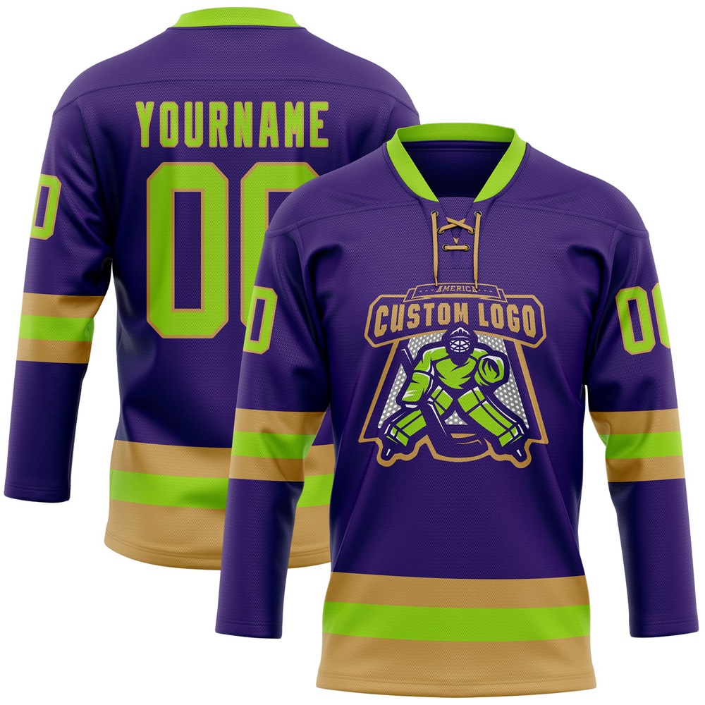 Custom Purple Neon Green Old Gold Hockey Lace Neck Jersey, New Hockey Jersey, Personali Sport Team Jersey Shirt