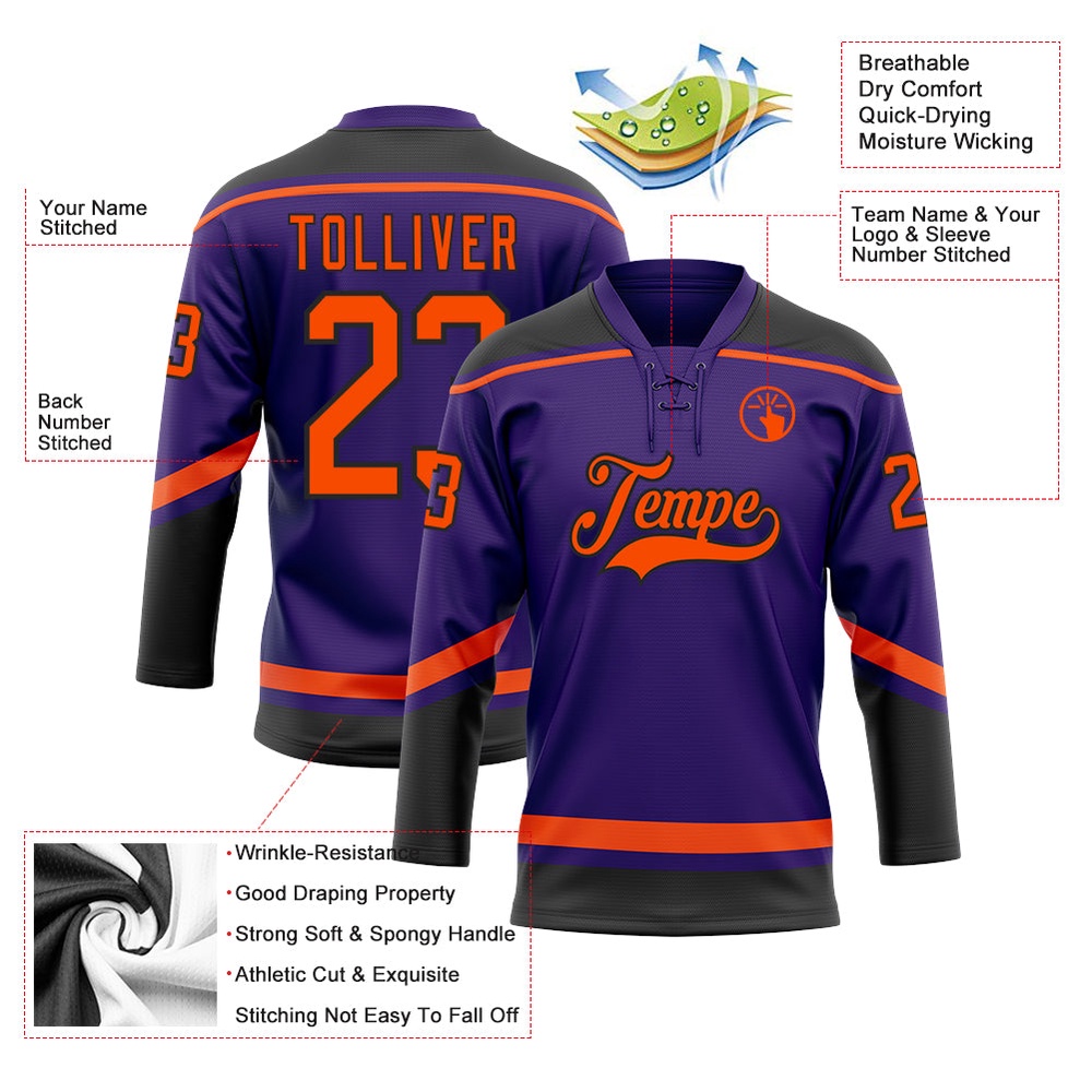 Custom Purple Orange Black Hockey Lace Neck Jersey, New Hockey Jersey, Personali Sport Team Jersey Shirt