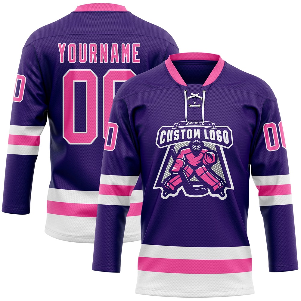 Custom Purple Pink White Hockey Lace Neck Jersey, New Hockey Jersey, Personali Sport Team Jersey Shirt
