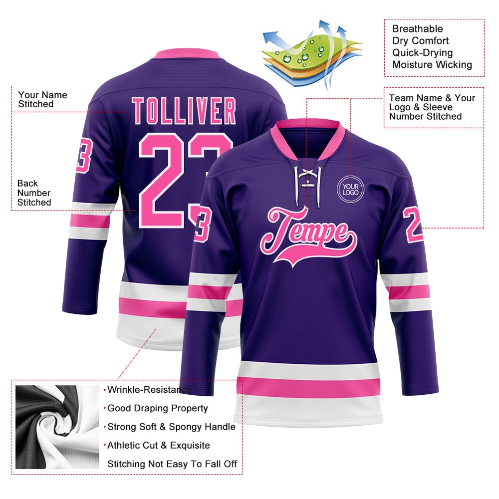 Custom Purple Pink White Hockey Lace Neck Jersey, New Hockey Jersey, Personali Sport Team Jersey Shirt