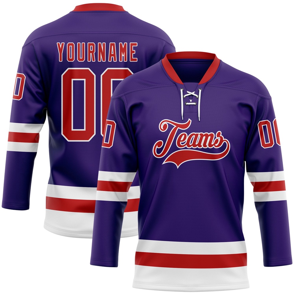 Custom Purple Red White Hockey Lace Neck Jersey, New Hockey Jersey, Personali Sport Team Jersey Shirt