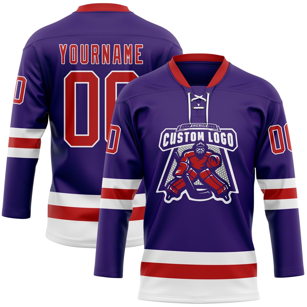 Custom Purple Red White Hockey Lace Neck Jersey, New Hockey Jersey, Personali Sport Team Jersey Shirt