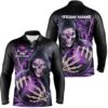 Custom Purple Flame Skull Bowling Shirts For Men, Bowling Team Long Sleeve Bowling Shirts, Personalized Bowling Team Shirt Custom Purple Flame Skull Bowling Shirts For Men, Bowling Team Long Sleeve Bowling Shirts, Personalized Bowling Team Shirt