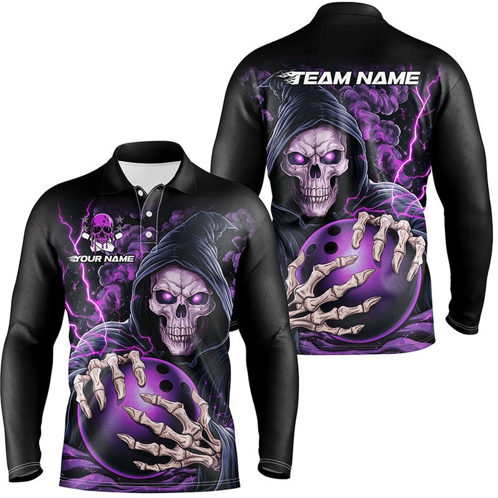 Custom Purple Skull Bowling Long Sleeve Polo Shirts For Men, Halloween Bowling Team Shirts, Personalized Bowling Team Shirt Custom Purple Skull Bowling Long Sleeve Polo Shirts For Men, Halloween Bowling Team Shirts, Personalized Bowling Team Shirt