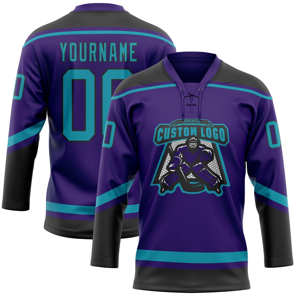 Custom Purple Teal Black Hockey Lace Neck Jersey, New Hockey Jersey, Personali Sport Team Jersey Shirt