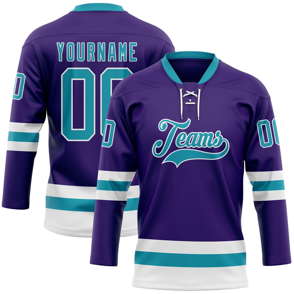 Custom Purple Teal White Hockey Lace Neck Jersey, New Hockey Jersey, Personali Sport Team Jersey Shirt