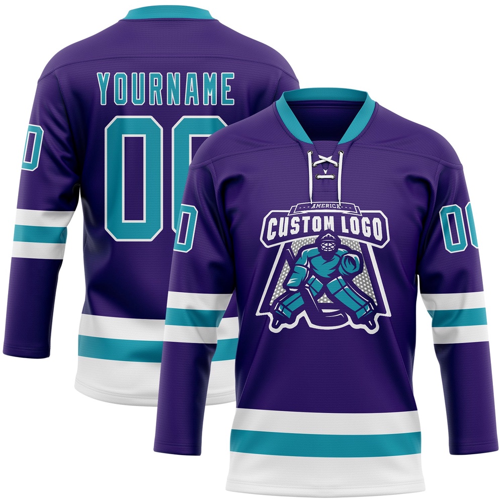 Custom Purple Teal White Hockey Lace Neck Jersey, New Hockey Jersey, Personali Sport Team Jersey Shirt