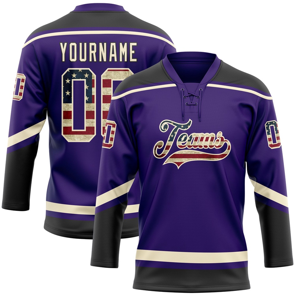 Custom Purple Vintage USA Flag Cream Black Hockey Lace Neck Jersey, New Hockey Jersey, Personali Sport Team Jersey Shirt