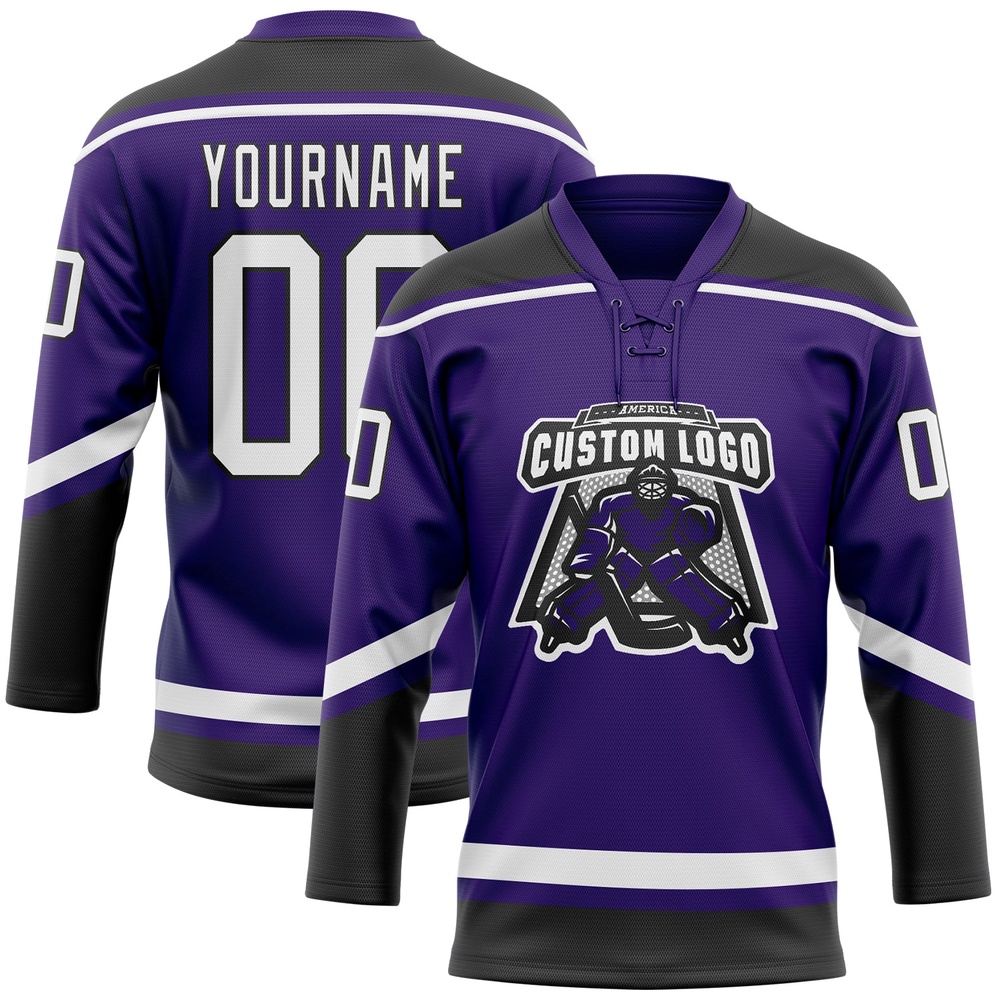 Custom Purple White Black Hockey Lace Neck Jersey, New Hockey Jersey, Personali Sport Team Jersey Shirt
