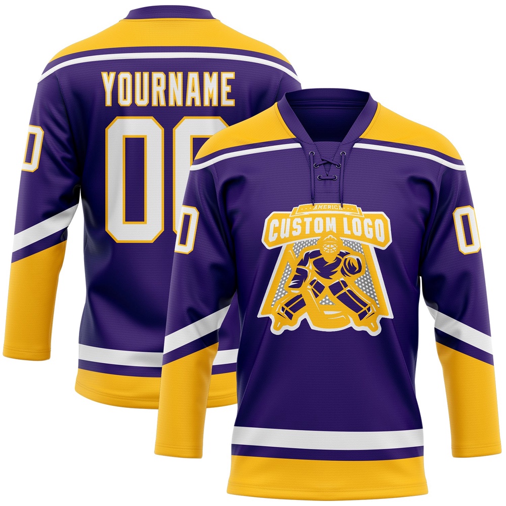 Custom Purple White Gold Hockey Lace Neck Jersey, New Hockey Jersey, Personali Sport Team Jersey Shirt