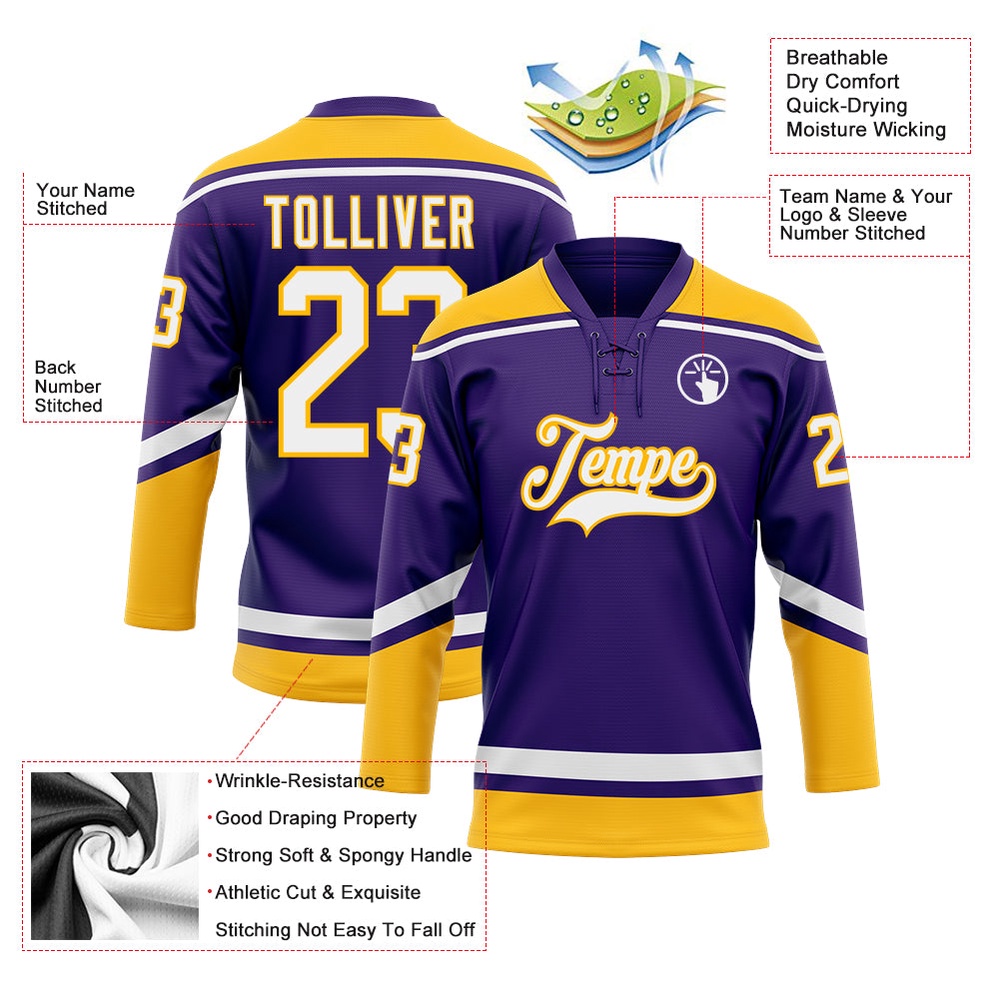 Custom Purple White Gold Hockey Lace Neck Jersey, New Hockey Jersey, Personali Sport Team Jersey Shirt