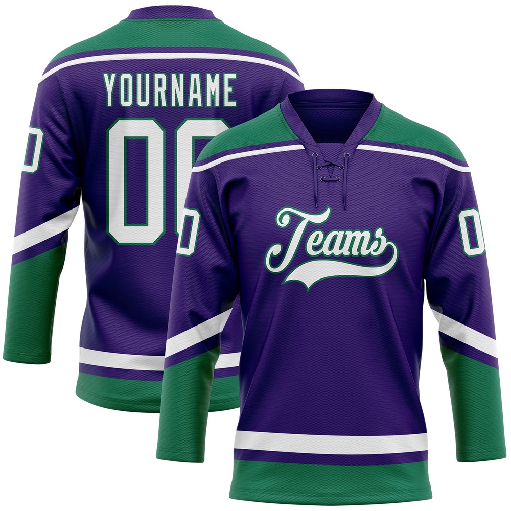 Custom Purple White Kelly Green Hockey Lace Neck Jersey, New Hockey Jersey, Personali Sport Team Jersey Shirt