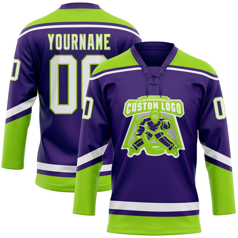 Custom Purple White Neon Green Hockey Lace Neck Jersey, New Hockey Jersey, Personali Sport Team Jersey Shirt