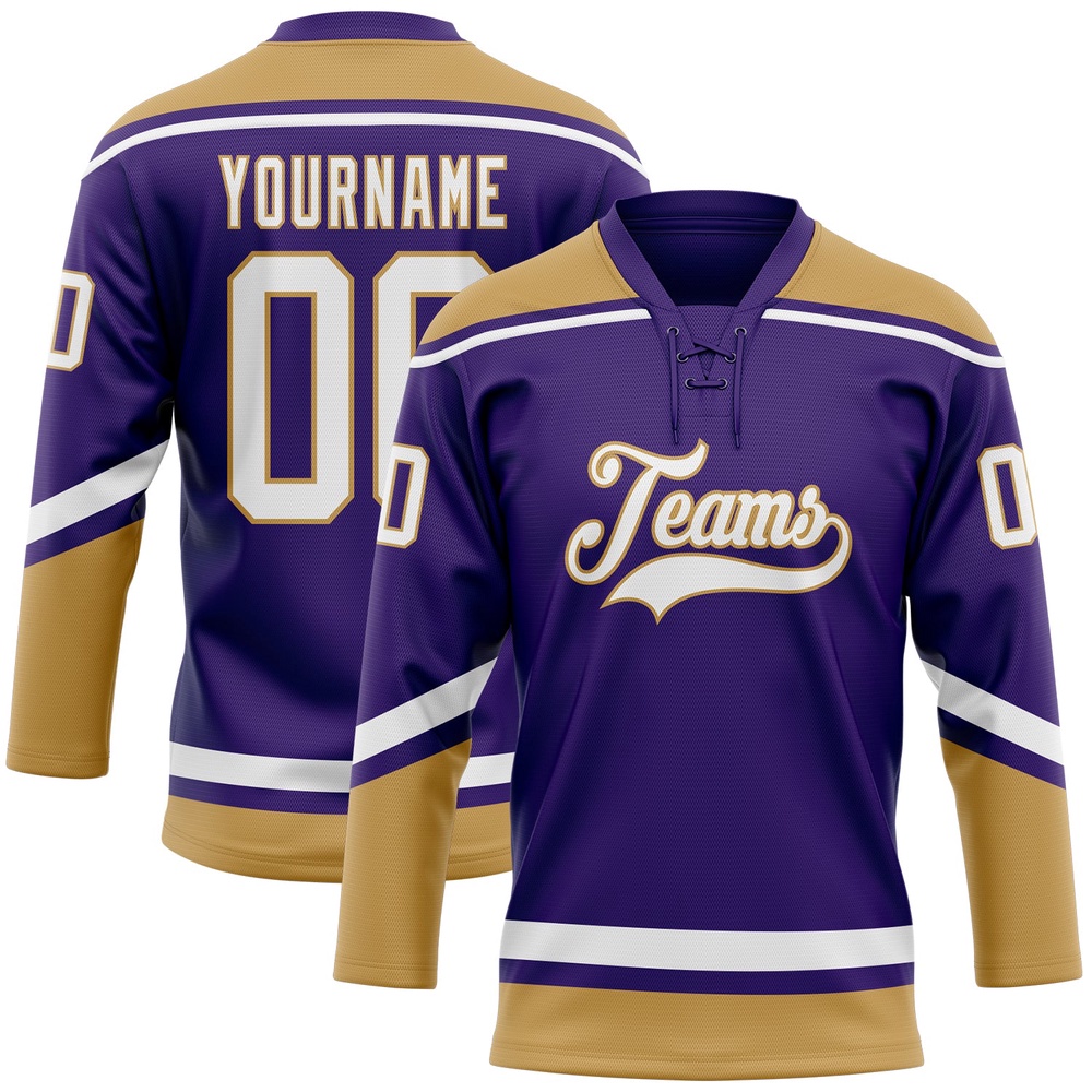 Custom Purple White Old Gold Hockey Lace Neck Jersey, New Hockey Jersey, Personali Sport Team Jersey Shirt