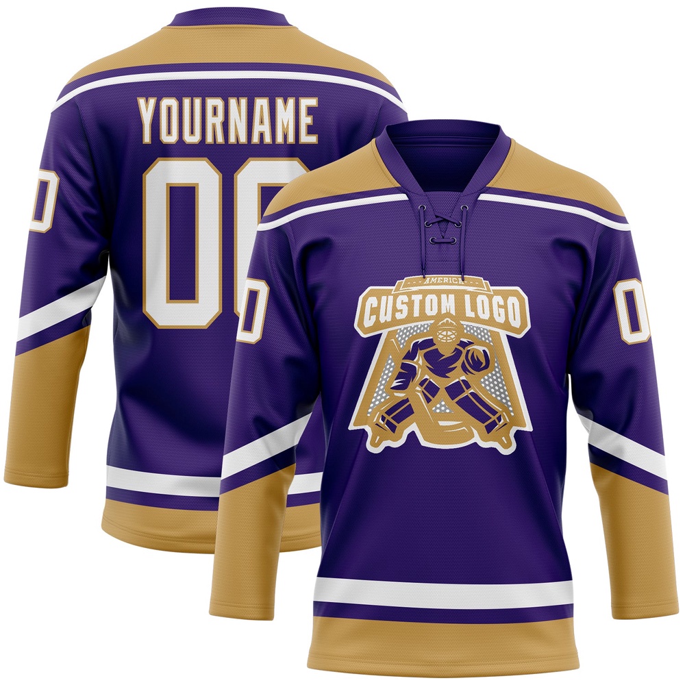 Custom Purple White Old Gold Hockey Lace Neck Jersey, New Hockey Jersey, Personali Sport Team Jersey Shirt