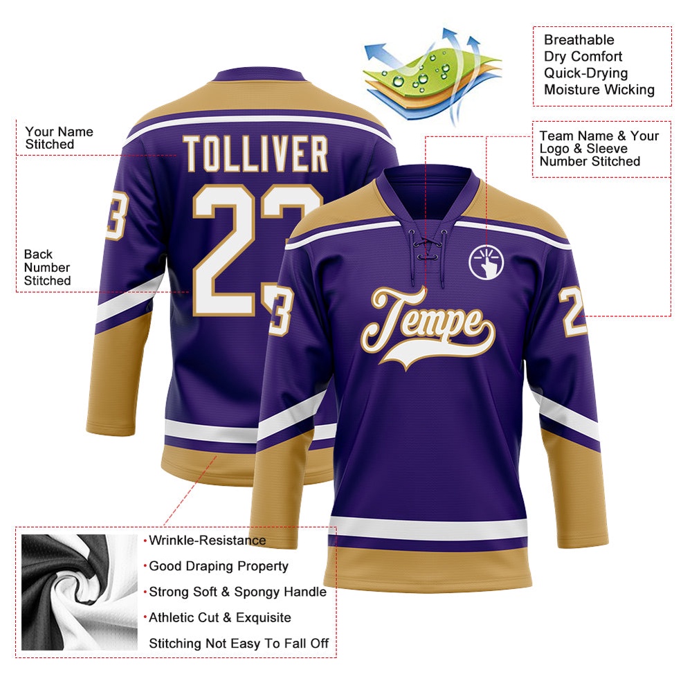 Custom Purple White Old Gold Hockey Lace Neck Jersey, New Hockey Jersey, Personali Sport Team Jersey Shirt