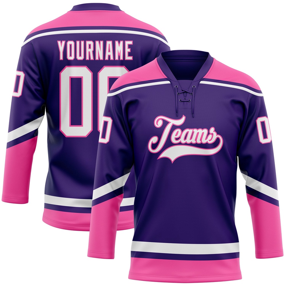 Custom Purple White Pink Hockey Lace Neck Jersey, New Hockey Jersey, Personali Sport Team Jersey Shirt