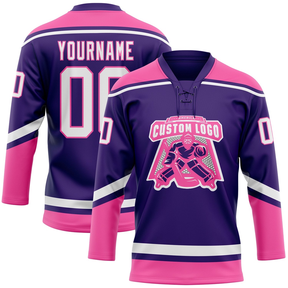 Custom Purple White Pink Hockey Lace Neck Jersey, New Hockey Jersey, Personali Sport Team Jersey Shirt