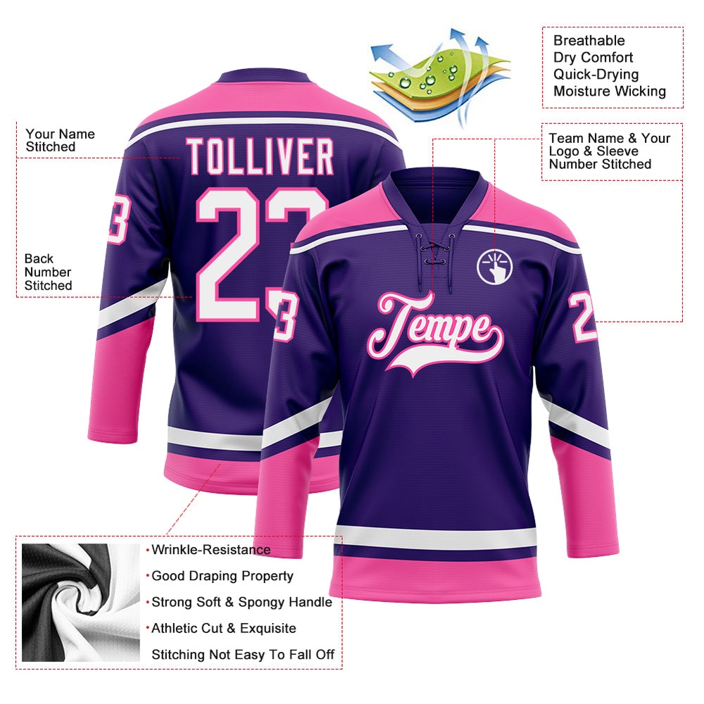 Custom Purple White Pink Hockey Lace Neck Jersey, New Hockey Jersey, Personali Sport Team Jersey Shirt