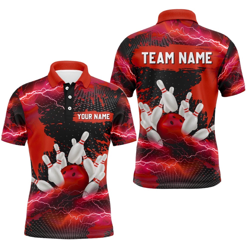 Custom Red Bowling Polo Shirts For Men & Women Lightning Thunder Bowling Team Polo Shirt, Personalized Bowling Team Shirt