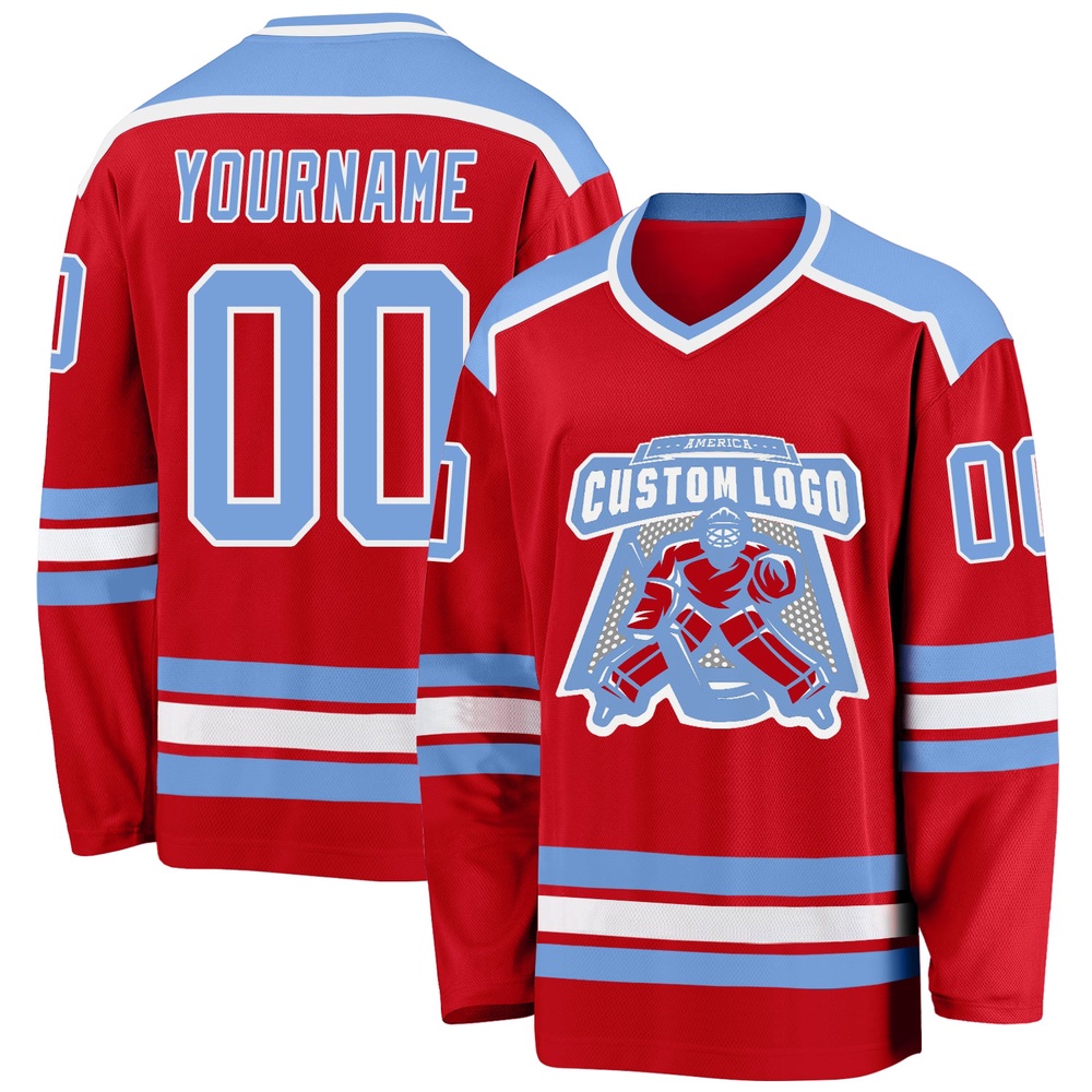 Custom Red Light Blue White Hockey Jersey, New Hockey Jersey, Personali Sport Team Jersey Shirt Custom Red Light Blue White Hockey Jersey, New Hockey Jersey, Personali Sport Team Jersey Shirt
