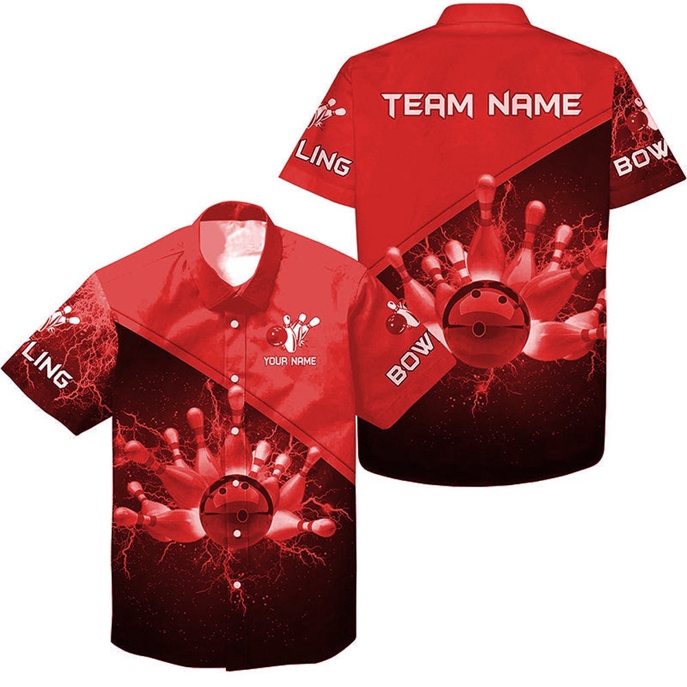 Custom Red Lightning Thunder Bowling Team Jersey, Custom Team Bowling Hawaiian Shirt