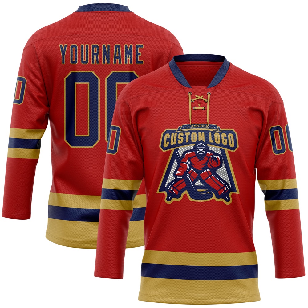 Custom Red Navy Old Gold Hockey Lace Neck Jersey, New Hockey Jersey, Personali Sport Team Jersey Shirt