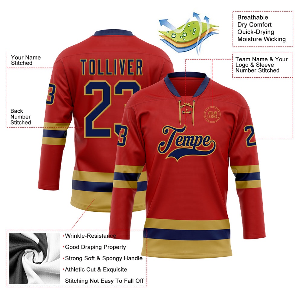 Custom Red Navy Old Gold Hockey Lace Neck Jersey, New Hockey Jersey, Personali Sport Team Jersey Shirt