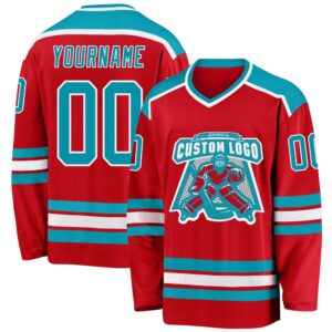 Custom Red Teal White Hockey Jersey, New&hellip;