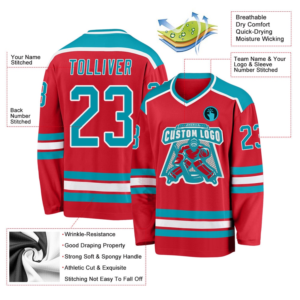 Custom Red Teal White Hockey Jersey, New Hockey Jersey, Personali Sport Team Jersey Shirt