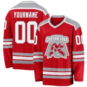 Custom Red White Gray Hockey Jersey, New&hellip;
