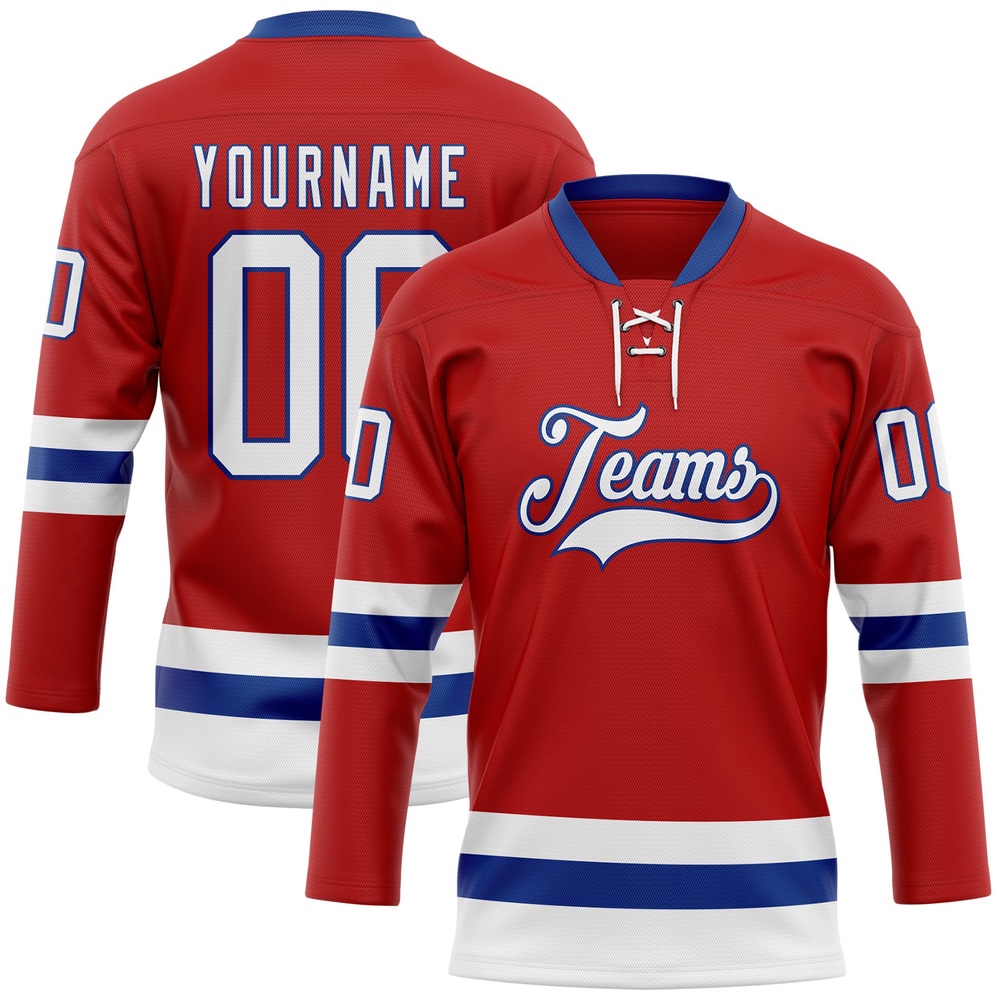 Custom Red White Royal Hockey Lace Neck Jersey, New Hockey Jersey, Personali Sport Team Jersey Shirt