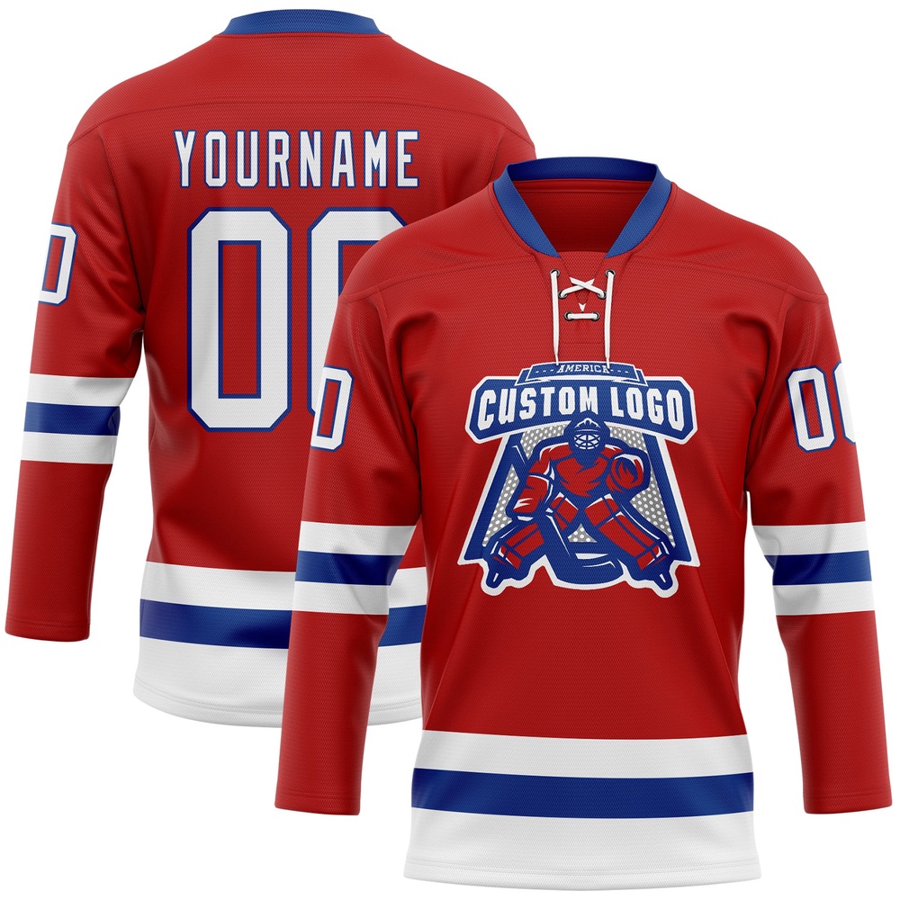 Custom Red White Royal Hockey Lace Neck Jersey, New Hockey Jersey, Personali Sport Team Jersey Shirt