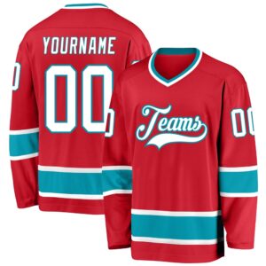 Custom Red White Teal Hockey Jersey, New&hellip;