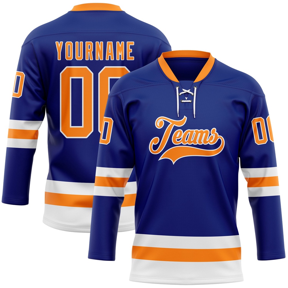 Custom Royal Bay Orange White Hockey Lace Neck Jersey, New Hockey Jersey, Personali Sport Team Jersey Shirt Custom Royal Bay Orange White Hockey Lace Neck Jersey, New Hockey Jersey, Personali Sport Team Jersey Shirt