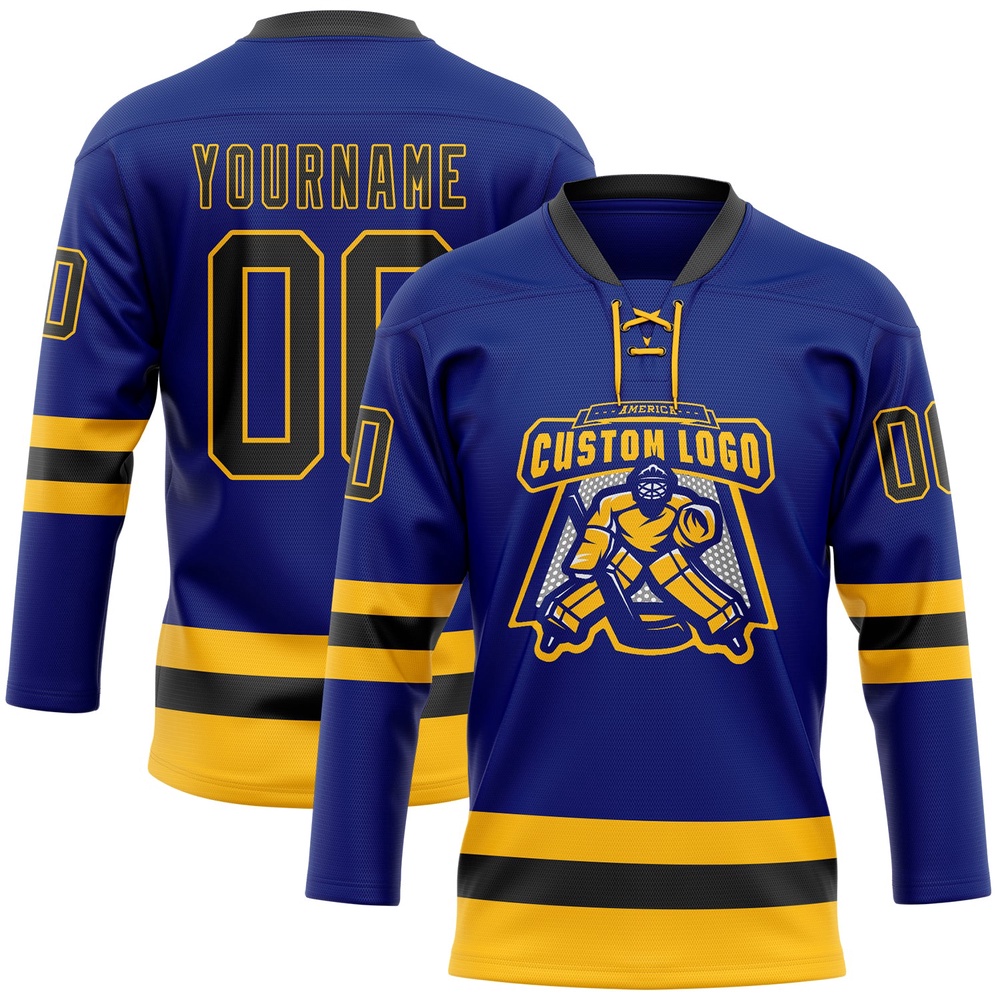 Custom Royal Black Gold Hockey Lace Neck Jersey, New Hockey Jersey, Personali Sport Team Jersey Shirt