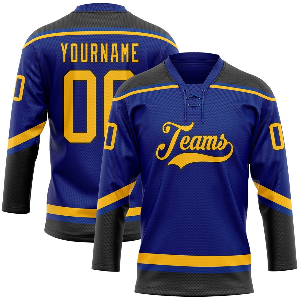 Custom Royal Gold Black Hockey Lace Neck Jersey, New Hockey Jersey, Personali Sport Team Jersey Shirt
