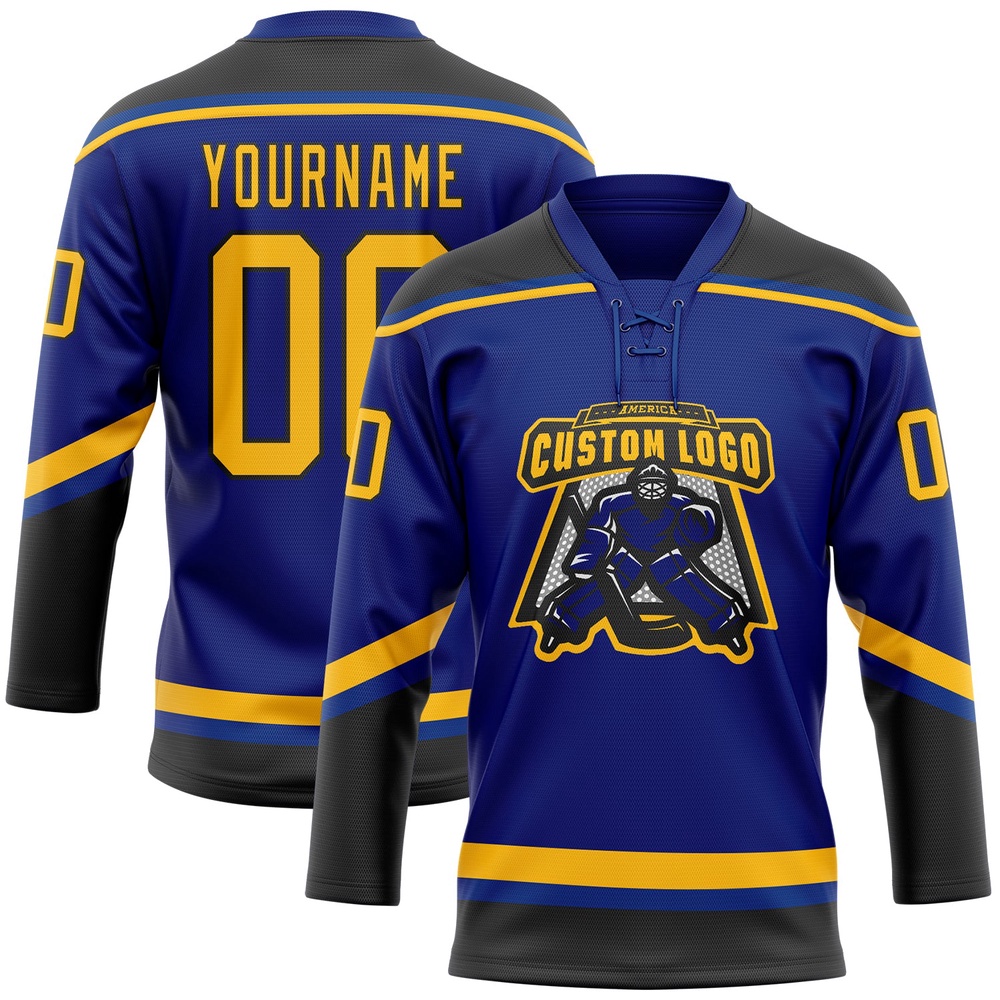 Custom Royal Gold Black Hockey Lace Neck Jersey, New Hockey Jersey, Personali Sport Team Jersey Shirt