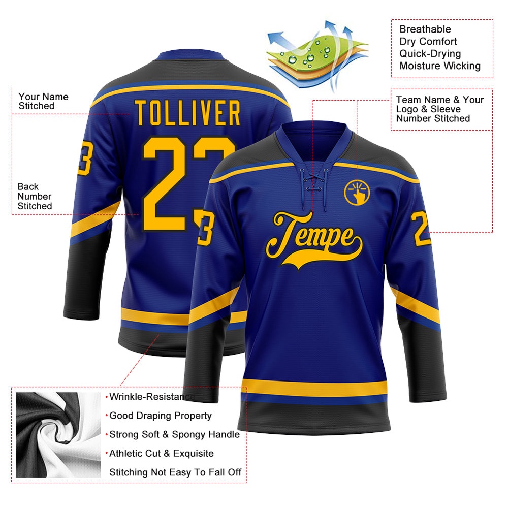 Custom Royal Gold Black Hockey Lace Neck Jersey, New Hockey Jersey, Personali Sport Team Jersey Shirt