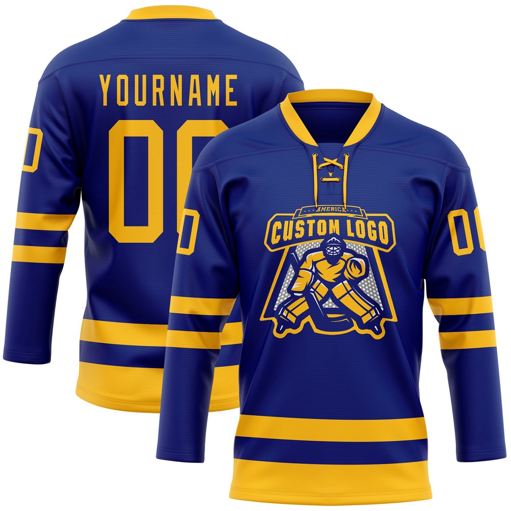 Custom Royal Gold Hockey Lace Neck Jersey, New Hockey Jersey, Personali Sport Team Jersey Shirt