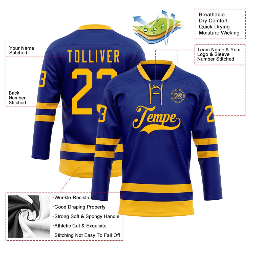 Custom Royal Gold Hockey Lace Neck Jersey, New Hockey Jersey, Personali Sport Team Jersey Shirt