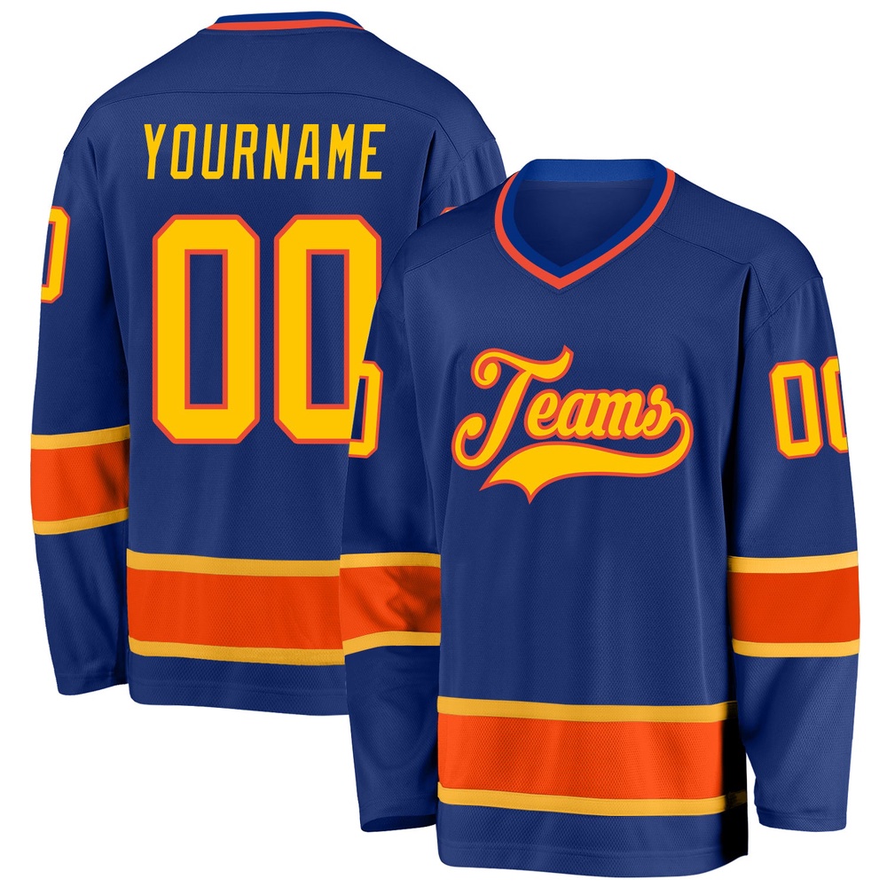 Custom Royal Gold Orange Hockey Jersey, New Hockey Jersey, Personali Sport Team Jersey Shirt Custom Royal Gold Orange Hockey Jersey, New Hockey Jersey, Personali Sport Team Jersey Shirt