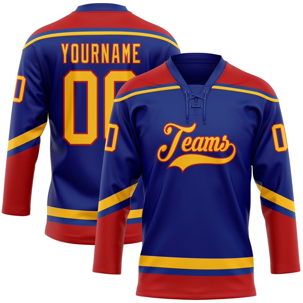 Custom Royal Gold Red Hockey Lace Neck Jersey, New Hockey Jersey, Personali Sport Team Jersey Shirt